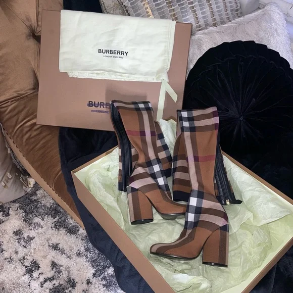 NIB Burberry 36 Anita Knit Check Over-the-Knee Thigh High Stretch Boots in Brown - Picture 13 of 17